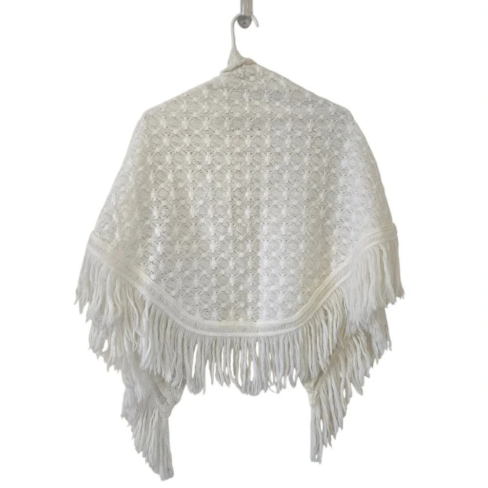 Vintage Crochet Fringe Shawl Ivory Bridal Wrap Boho Wedding Cottagecore